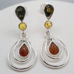 Sterling Silver Earrings with Three colour Natural Amber